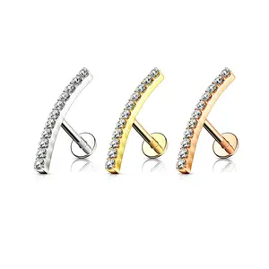 16G CZ Lined Bar Flat Back Labret Earring Screw In Internally Threaded Cartilage Earring Conch Helix Stud Tragus Barbell 16G 6mm