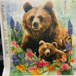 Diamond Art Mother and Cub Bead Print - Floral Design Featuring Two Bears
