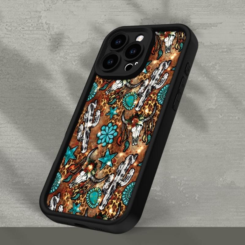 Western Cow Bone And Cactus Pattern Case for iPhone 16 15 14 Pro Max 13 12 11 XR XS E Plus Shockproof Non Slip Military-Grade Protection Silicone Cover