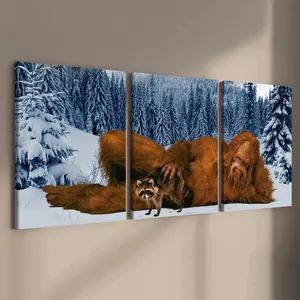 3 Counts Wooden Framed Canvas Painting, Snow Forest Bigfoot And Raccoon Images, Exquisite Poster, Perfect Living Room Decoration, Modern Home Decoration, Modern Art, Fashion Family Poster, Wall Art Decoration, Western Wall Art, Waterproof Art
