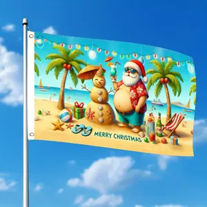 Double-sided Christmas Beach Decoration 3x5 FT, Outdoor Santa Claus Sand Snowman Cocktail Backdrop for Patio Seaside Party, Merry Christmas Single-Sided Banner with Grommets