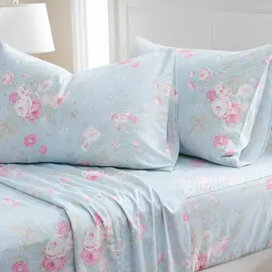 Blue Floral Sheets Set Queen Size 100% Cotton Pink Flowers Bed Sheet Shabby Vintage Chic Bedding Pastoral Style Original Soft Luxury Deep Fitted Sheet 17.5'', 4 Pcs