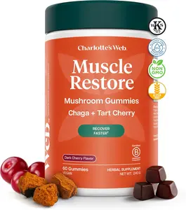 Charlotte's Web Muscle Restore Mushroom Gummy - Chaga & Tart Cherry Flavor - 60 Vegan Gummies - Herbal Supplement for Recovery - Certified Vegan - Dark Cherry Flavor - 240g Jar