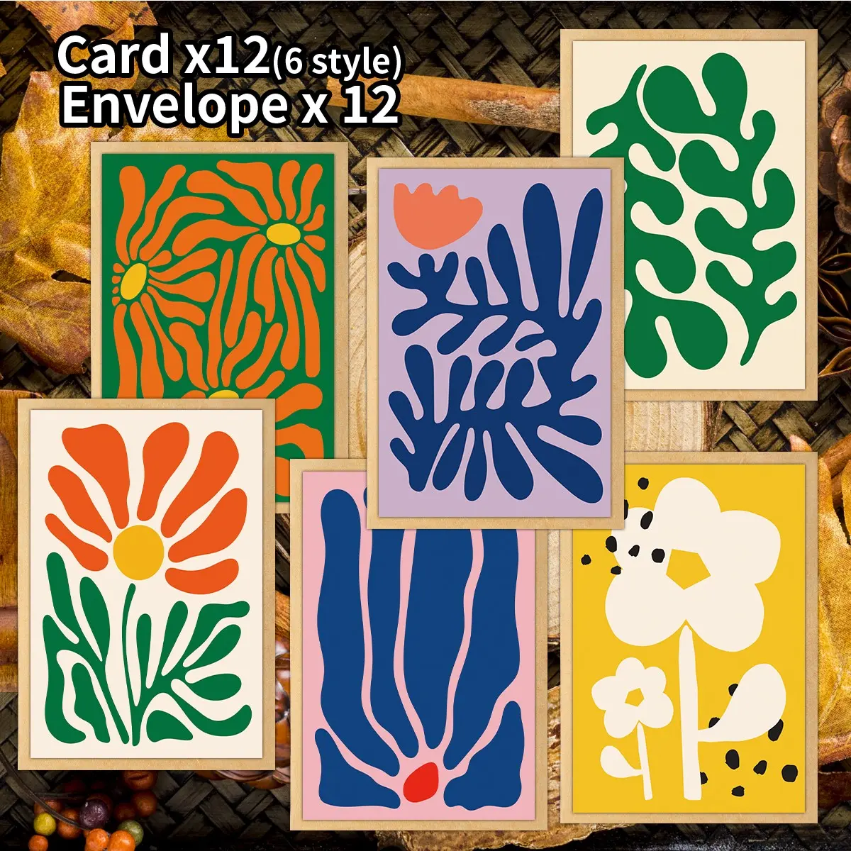 12 Matisse Style Blank Postcards with Envelopes, Abstract Floral Greeting Cards, Bohemian Thank You Cards, Perfect for All Occasions, Birthday, Party