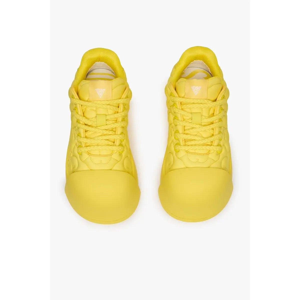 Men's Oversized Casual Trainers - Light Yellow Neoprene Upper, Calfskin Accents, Padded Embroidery, Stacked EVA Cushion, Breathable, Inspirational Graphic, Midsole Rear Branding, Paint-Dipped Tips, Rubber Outsole, Tongue Woven Label, Lace-Up