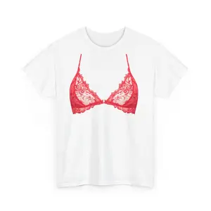 Red Bralette Graphic T-Shirt – Funny and Sassy Lingerie Design, Edgy Lace Crewneck Tee, Fashionable Gift for Best Friends
