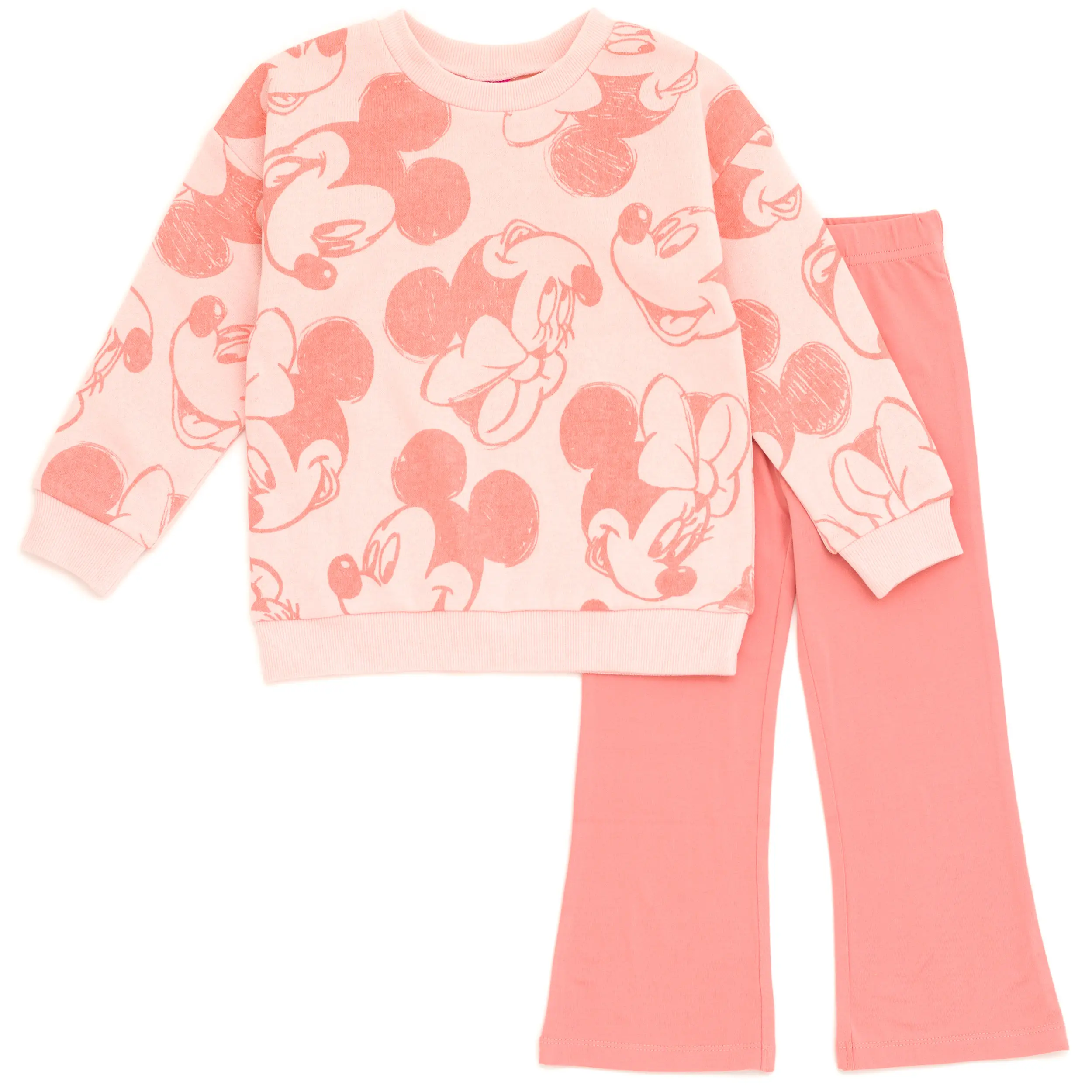 Disney Mickey Mouse & Friends Girls' 2-Piece Crewneck Sweatshirt with Drop Shoulder and Flare Leggings Set, Playful Snug Fit, Toddler to Big Kid, Pull-On Pants, Sketch Print, Elastic Waist, Fleece, 3 - 4 Years, All Over Print