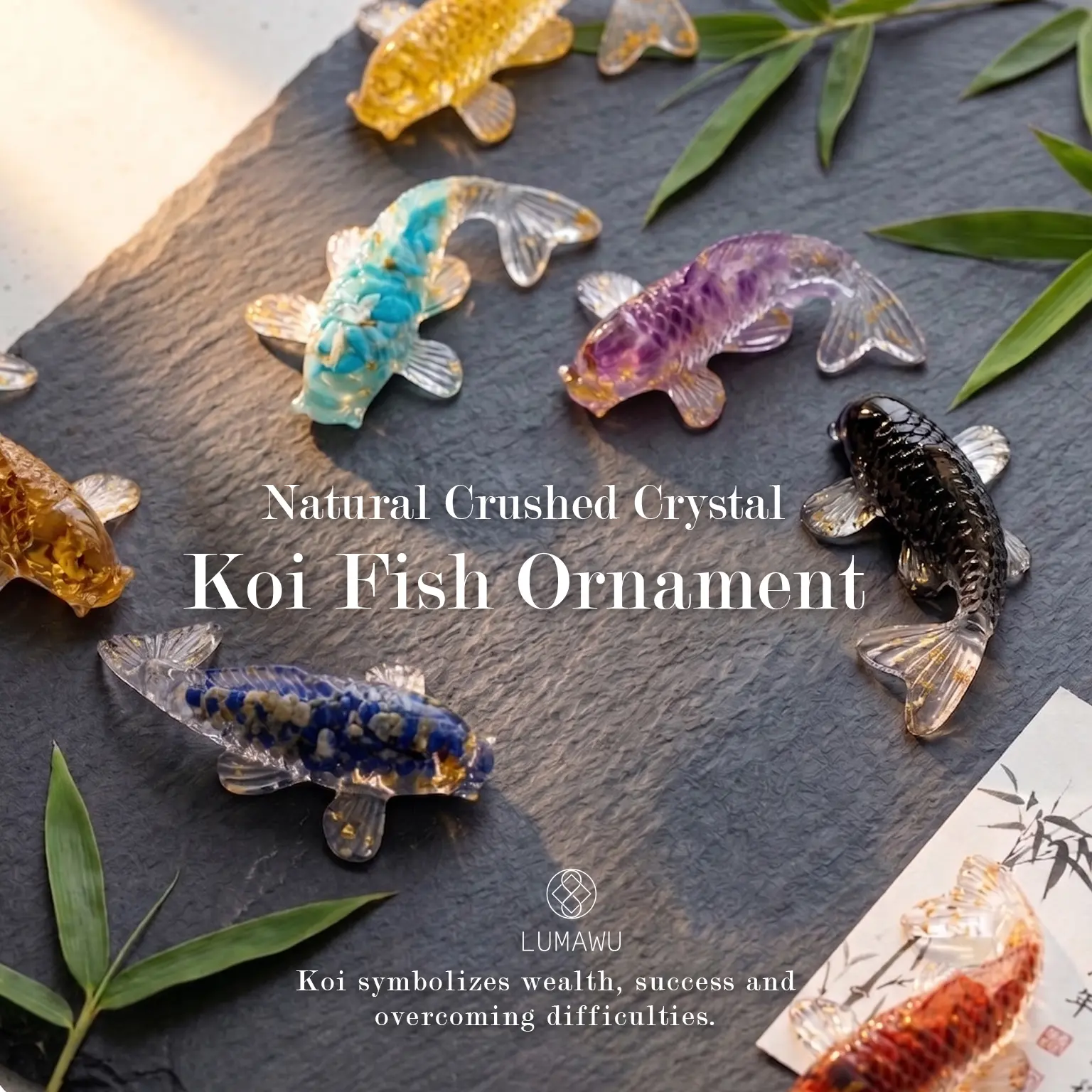 Lucky Blind Box Koi Fish Shape Desk Decorations - 2-Layer Resin Fengshui Ornament with Crystal Texture, Natural Crystals, Hidden Coin Surprise for Home Decor, Two-Layer Resin