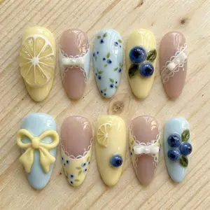 Blueberry Yellow Lemon Press On Nails, Cottagecore Bow Fruit Nail Art
