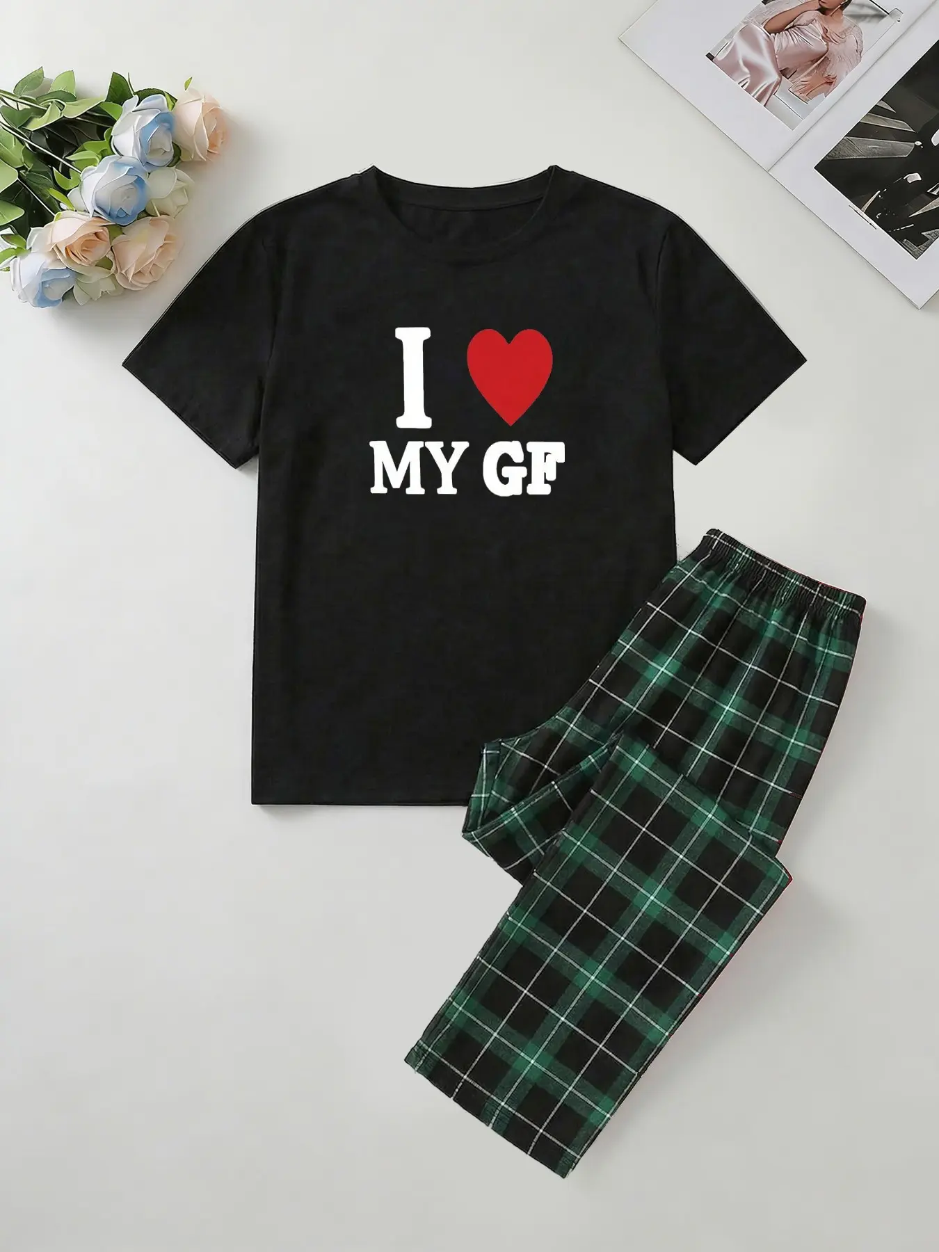 Men's Couples Matching Pajama Set Pjs, I Love My GF Plaid Checked Short Sleeve Long Pants, Summer Cotton Sleepwear Loungewear, Casual Loose-Fit Home