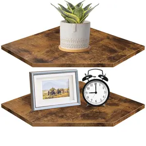 Homode Corner Shelf Wall Mount, Set of 2 Corner Floating Shelves with Wire Hole for Cable Box, Wood Hanging Storage Shelf for Bathroom Kitchen Living Room Bedroom