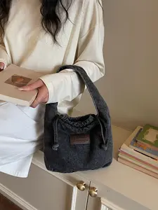 Trendy Fashion Letter Decorated Pleated Drawstring Design Denim Bag, Handheld Shoulder Bag, Casual Crossbody Bag for Daily Outing, Stylish and Practical