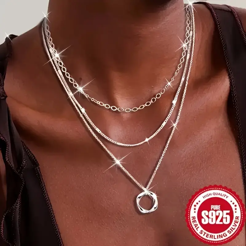 MIMIDI 925 Pure Silver Layered Necklaces Set - Princess Theme, Round Pendants, Layered Chains, Elegant Design, Ideal Gift for Women for Weddings, Birthdays, Christmas