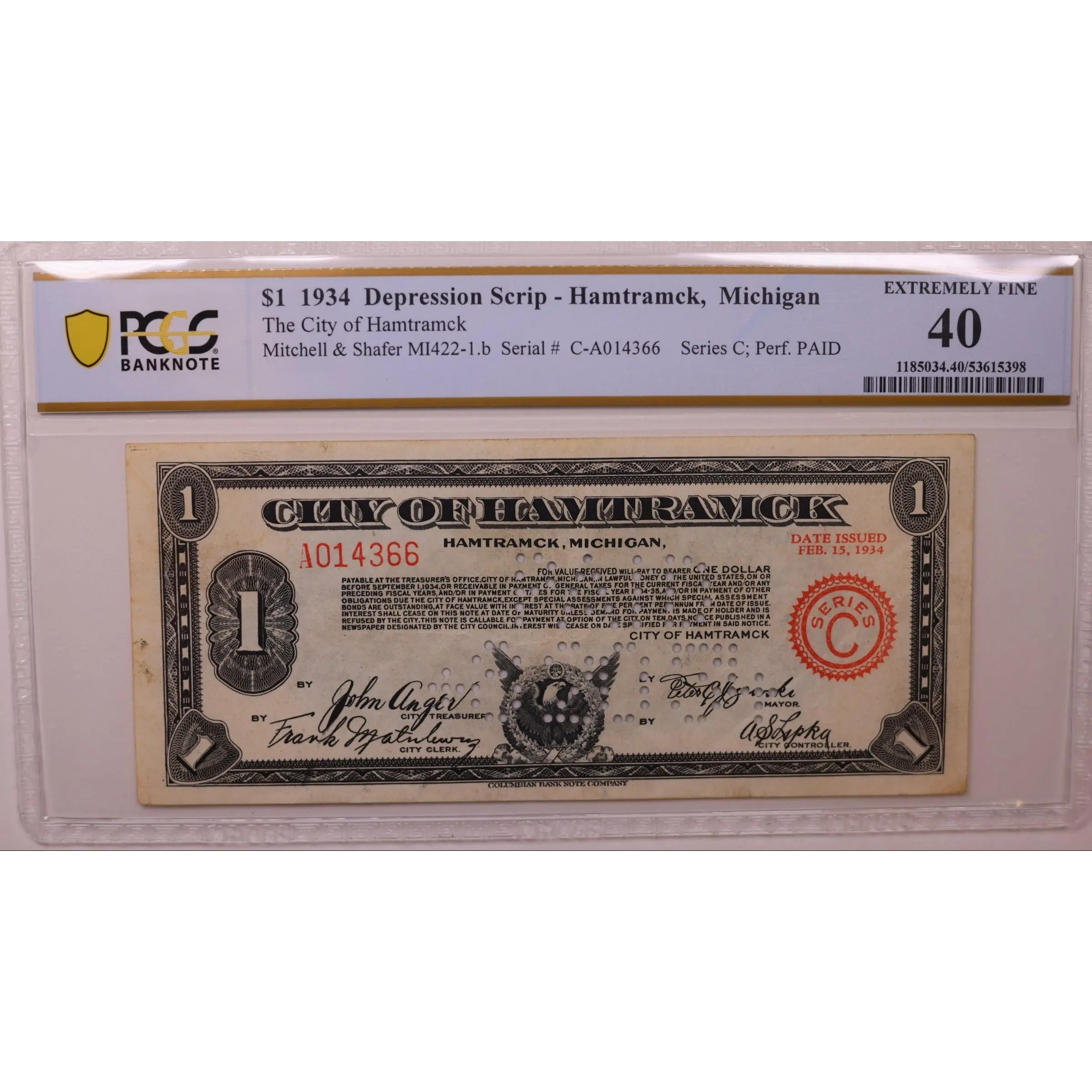 1934 $1 Depression Script-Hamtramck, MI, C-A014366, PCGS VF-25, STORE #GMI184
