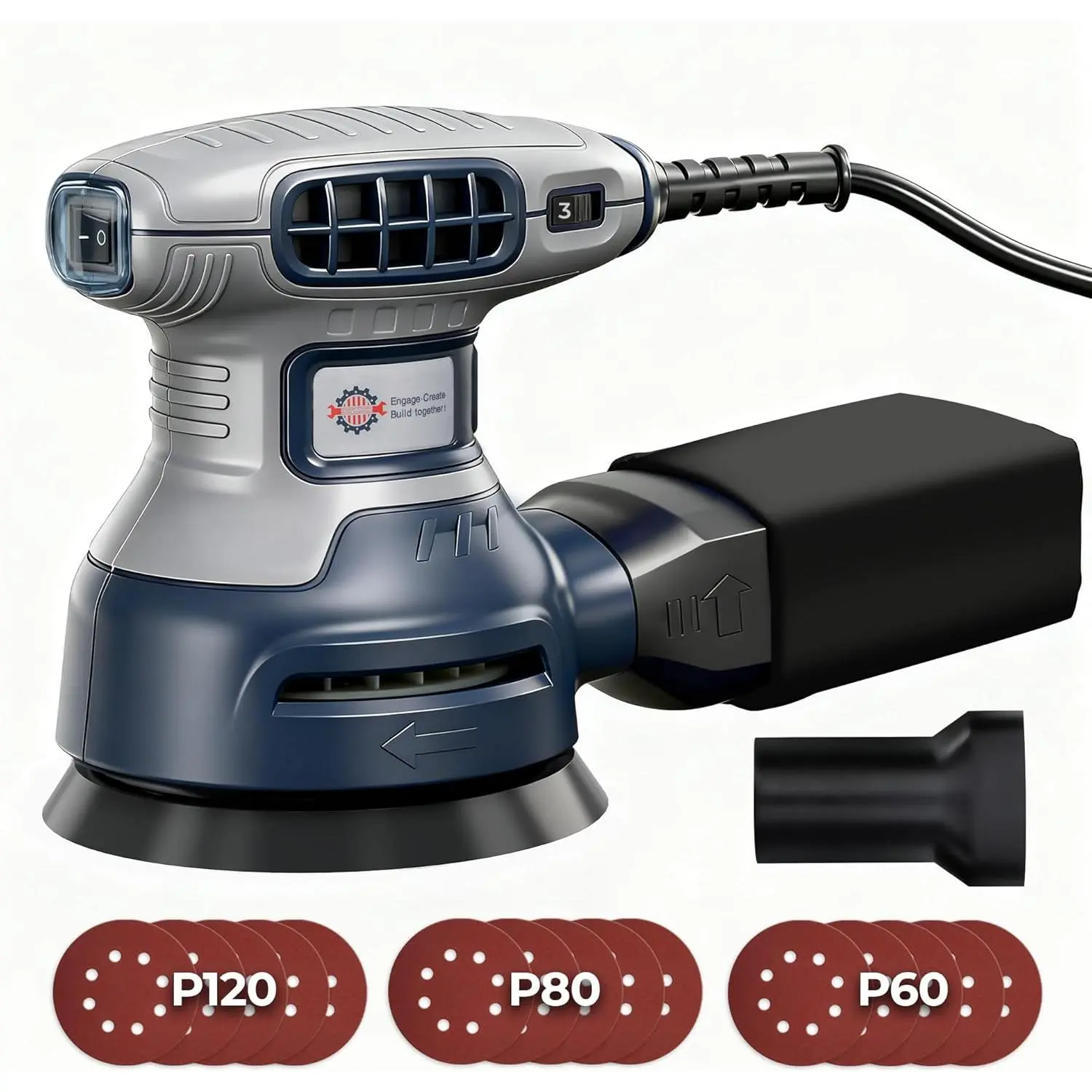 5-Inch Corded Electric Random Orbital Sander with Rubber Grip, 3Amp Motor, 6 Speeds (6000-13000 RPM), Dust Bag, Vacuum Adapter, 15 Abrasive Sandpapers for Woodworking, Paint Stripping, 6000-13000Rpm