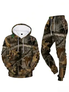 Men's Fashion Casual Two-Piece Leaf Camouflage Sports Set - Hoodie & Drawstring Sweatpants, Comfortable and Warm, Suitable for Everyday Casual Street Style