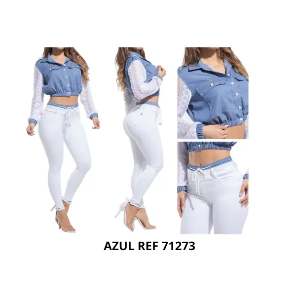 Women's Feminine Colombian 2-Piece Butt Lifting Set - Stretch Denim Elastic Pants with Button Closure, Blouse, Perfect Fit, Silhouette Boost, Enhances Figure Clothes Denim Feminine Skinny Womenswear Suits Basic Minimalist
