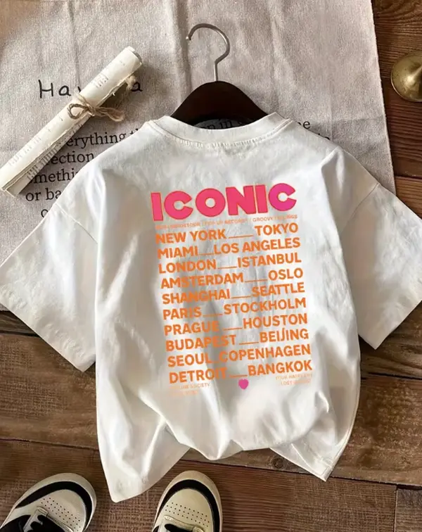 Double Sided ICONIC Worldwide City Tour Pink Orange Letter Women's White Short Sleeve T-Shirt/Travel Lover Gift T-Shirt, Front Back Print ICONIC Global World Cities Minimal Oversized Casual Top