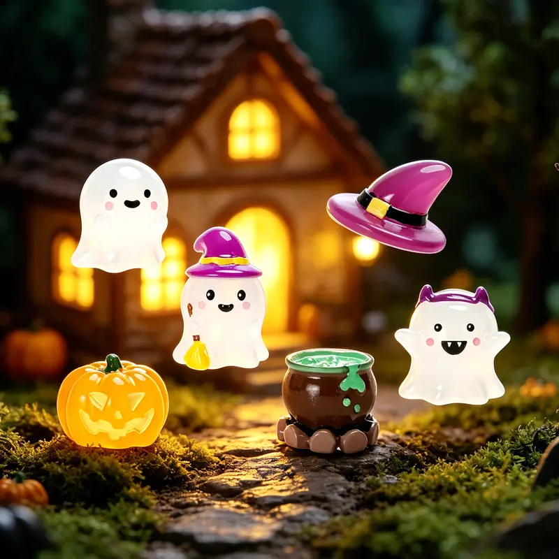 Glow-in-Dark PVC Spooky Pumpkin Head Ghost Figurine - Halloween Bedding Accent for Quilts, Desktop Decoration Ornament, DIY Resin Jewelry Component