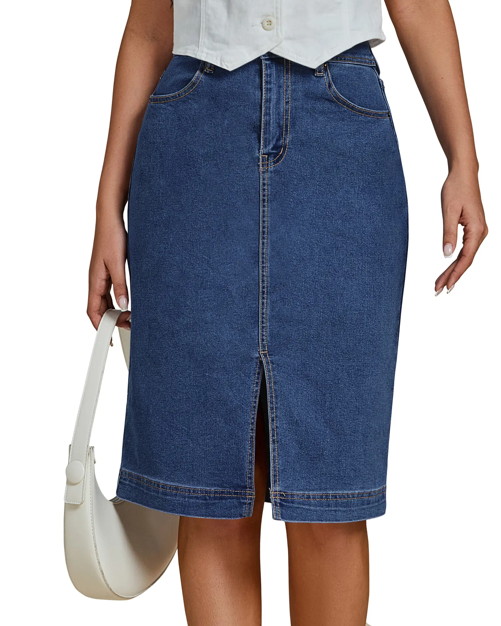 luvamia Women's Blue Denim Skirt, Stretchy High Waisted Pencil Midi Skirt with Front Slit for Casual Summer, Bottom, Blue Denim Skirts