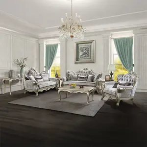 Acme LV03820-21 2 pc Traditional Sofa and Love Seat Set in Silver Finish with Tufted Back, Beige Fabric, and Decorative Pillows