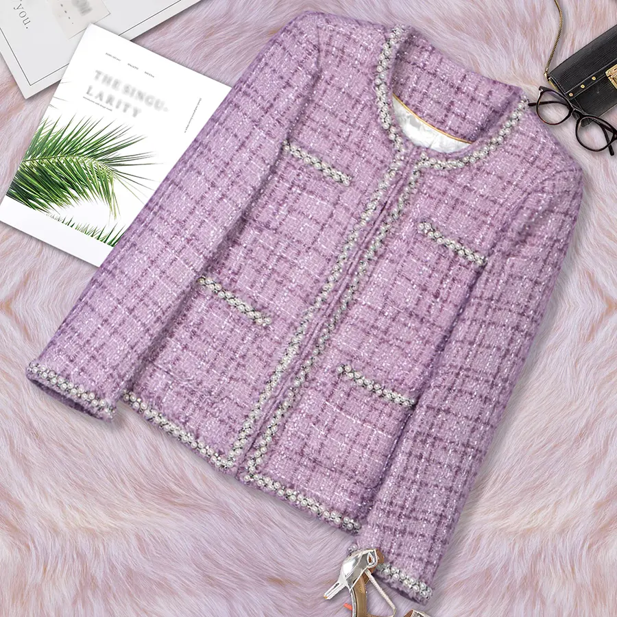 DS Unique Design Women's Elegant Fitted Plaid Coarse Tweed Jacket - Long Sleeve, High-End Pearl Purple Round Neck Autumn Winter Outerwear with Chic Style, Lady