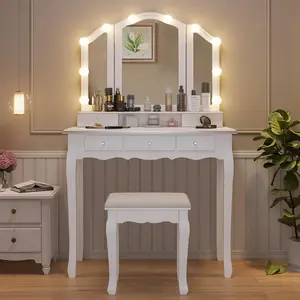 SIKAIC Makeup Vanity Desk Set with Trifold Lighted Mirror and Chair 5 Drawers for Bedroom