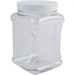 Clear  Grade PET Plastic Square Grip Storage Jar w/Cap | 64 Fluid Ounces 7-8 Cup Storage Capacity |   Made