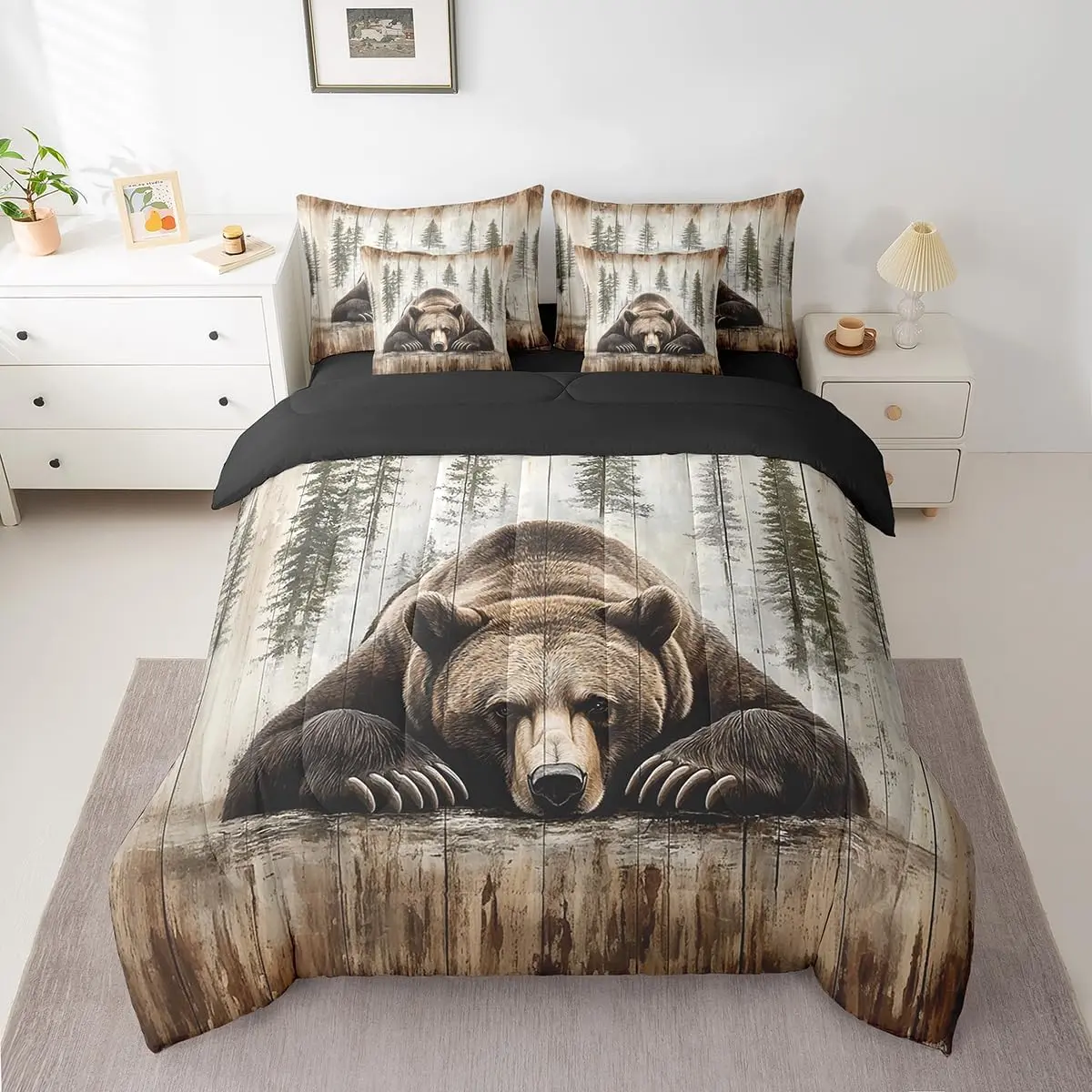 Cute Bear Bed in a Bag,Wild Animal Comforter Set,7 Pcs Cabin Country Nature Wildlife Bear Wood Grain Bed Set with Comforter,Sheet Set,Pillowcases, Bedroom Bedding Set, Breathable Duvet Set