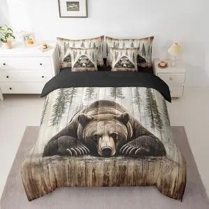 Cute Bear Bed in a Bag,Wild Animal Comforter Set,7 Pcs Cabin Country Nature Wildlife Bear Wood Grain Bed Set with Comforter,Sheet Set,Pillowcases, Bedroom Bedding Set, Breathable Duvet Set