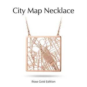 Unisex New York & LA City Map Pendant Necklace, Stainless Steel Square Hollow Design, Daily Wear, Long Length Steel Chain