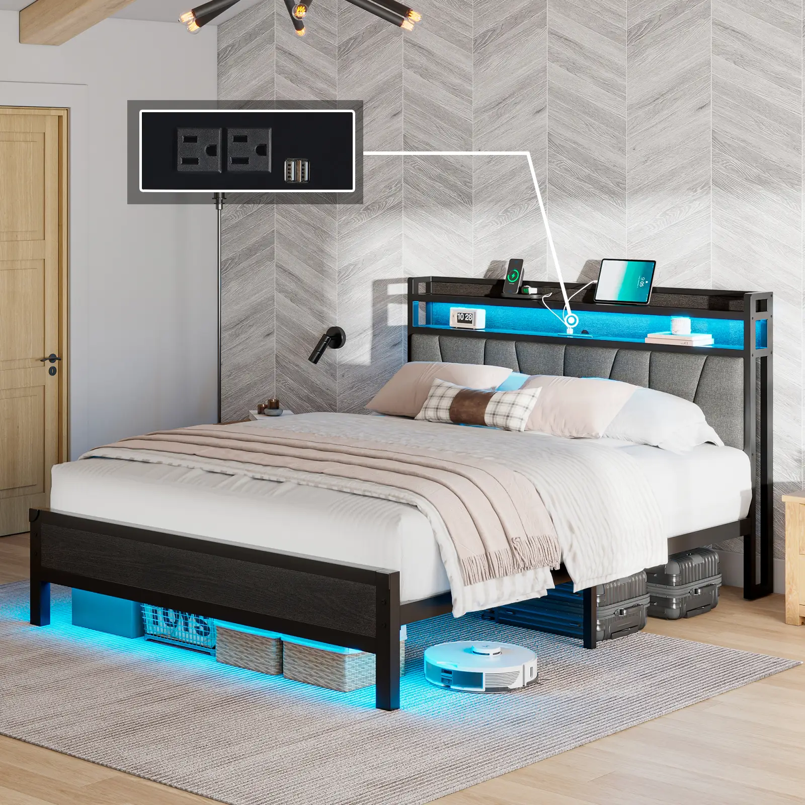 [TikTokShopfalldealsforyou]AMERLIFE Bed Frame with RGBW LED Lights & Charging Station, Linen Upholstered Headboard with 2-Tier Storage, No Box Spring