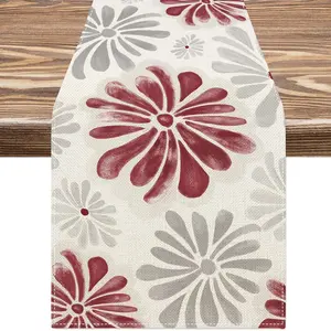 1pc, Floral Table Runner Watercolor Red Gray Floral - Rustic Kitchen Table Decor, Indoor Outdoor Family Party Supplies