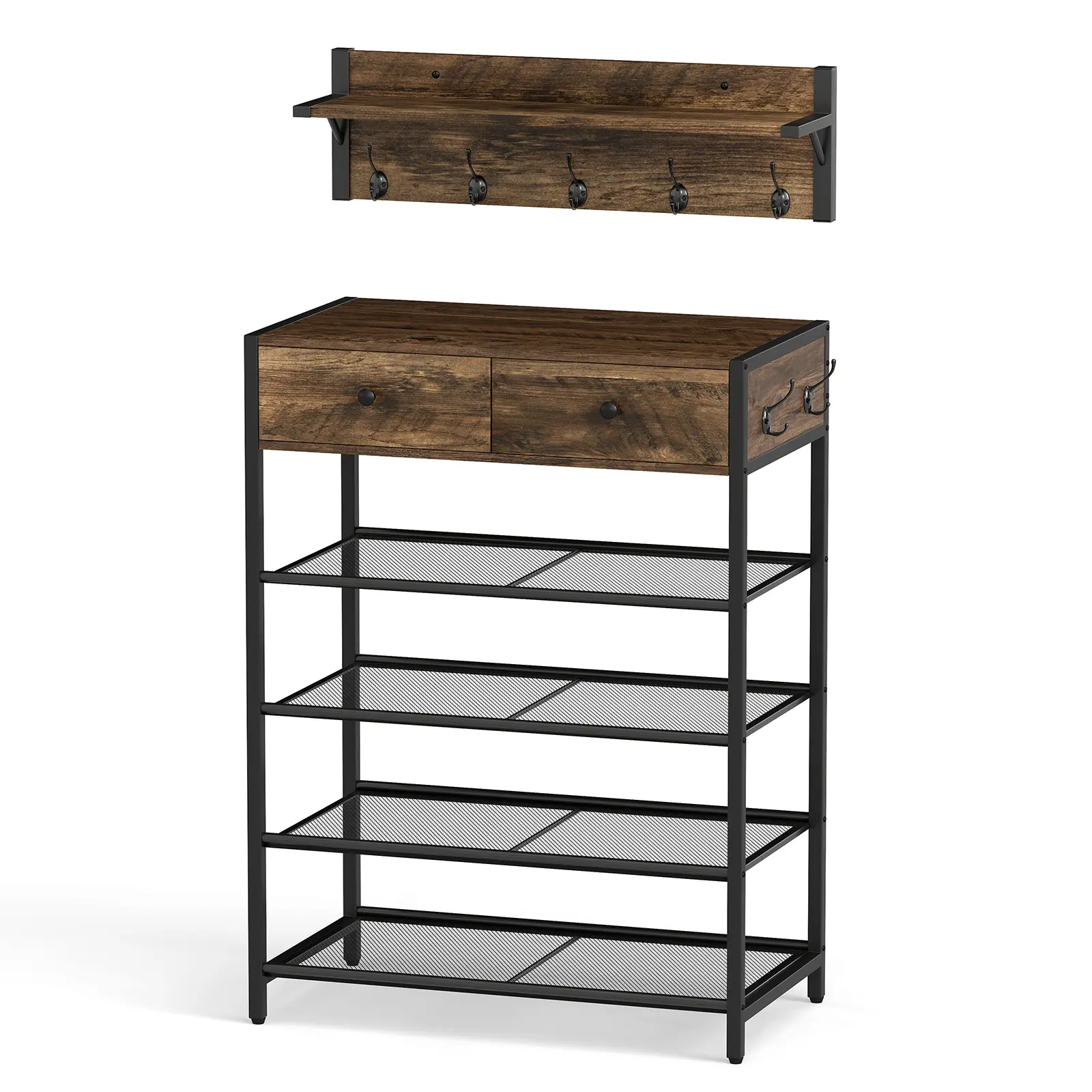 COSTWAY - Coat Rack Shoe Stand Set 5-Tier Shoe Rack with Wall-Mounted Coat Hanger-Brown