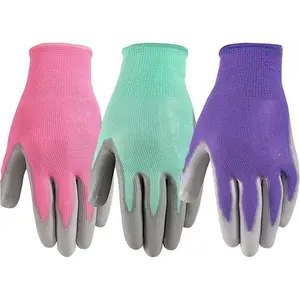 [New Deal] 3 Pair Pack Women's Gardening Gloves - PU Coated Grip Work Gloves in Pink, Green, Purple - Medium Size (413MF) - No Warranty