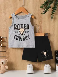 Boys Summer Fashion Creative Cow Head Letter Pattern Print Vest + Casual Comfortable Shorts Set, Soft Sportswear, Gift