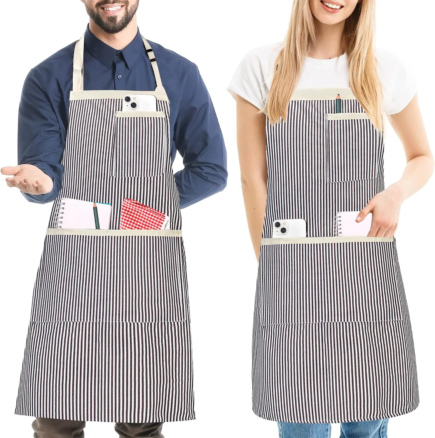 2 Pack Stripe Kitchen Cooking Apron with 3 Pockets for Men Women Restaurant | Adjustable Neck Straps, Long Waist Ties, Durable Polyester, Unisex Bib Soft Apron for Grilling Chef Gardening Baking Painting