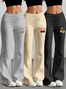 Women's Casual Drawstring Pants Set, Cherry Fruit Print Yoga Jogger Shorts, Fitted Flared Legs, All-Season Wear, 3-Piece, Tracksuit Pants
