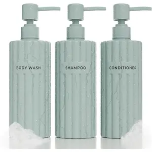 Stylish Shampoo and Conditioner Dispenser Set of 3 - Modern 21oz Shower Soap Bottles with Pump and Labels - Easy to Refill Body Wash Dispensers for an Instant Bathroom Decor Upgrade