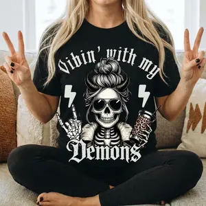 With My Demons Skeleton Tee – Gothic Demon Shirt Featuring Dark Humor Proverbs Womenswear Love Top Fabric Style Check Prints women tshirt oversized vintage clothing 2000s cute clothes oversized v neck tee his and hers plus size kinich tops