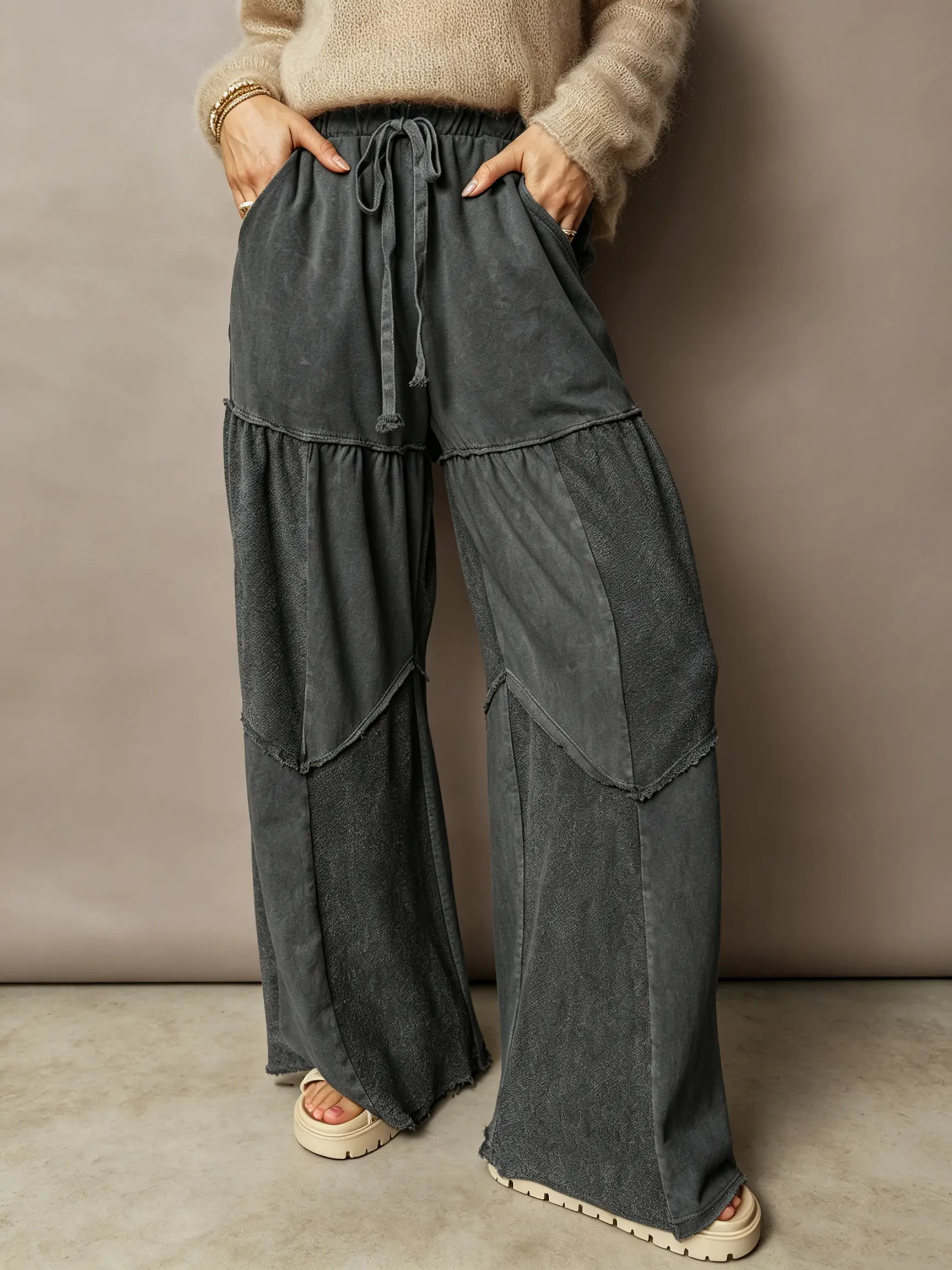 Women's High Waist Black Mineral Wash Wide Leg Pants Casual Patchwork Drawstring Shift Trousers Western Style Cotton Blend