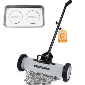 18-Inch Rolling Magnetic Sweeper with 9.5-inch Magnetic Trays, 45-Pound Capacity Telescoping Magnetic Pickup Lawn Sweeper, Adjustable Handle Pick-up Sweeper for Nails, Screws Workshop Garage Yard