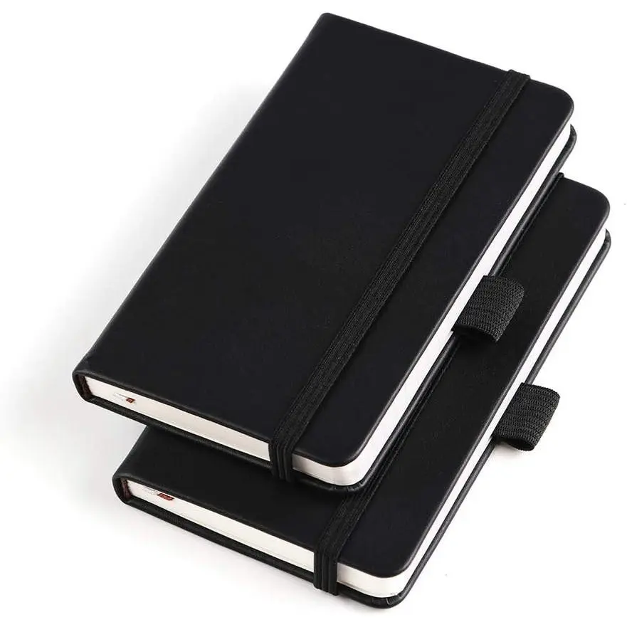 (2 Pack) Pocket Notebook Small Hardcover Note Book 3" x 5.5", Mini Ruled Lined Journal, Leather Cover, with Pen Holder, Page Marker Ribbons, Inner Pockets, Black