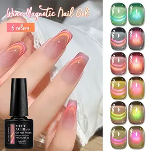 Meet Across 6 Colors Wine Cat Magnetic Gel Nail Polish Set, Jelly Glass Gradient Glitter Finish, Semi Permanent Soak off UV Gel Varnish, DIY Nail Supplies, Nail Art, Manicure