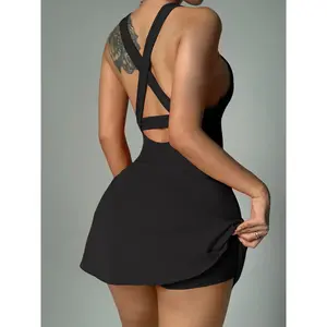 Women's Backless Sports Romper, Sleeveless Comfortable Vest with Built-In Shorts & Pockets, Stretchy Fitness Yoga, Workout JumpsuitRAIMENTRY