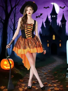 (Dress + Hat + Sleeves) Orange Sexy Mesh Suspender Witch Party Costume Halloween Costume Dress