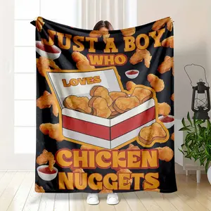 Chicken Nugget Pattern Blanket, 1 Count Just A Boy Who Loves Chicken Nuggets Letter Print Soft Warm Nap Throw Blanket, Portable Blanket  for Home Office Travel Camping