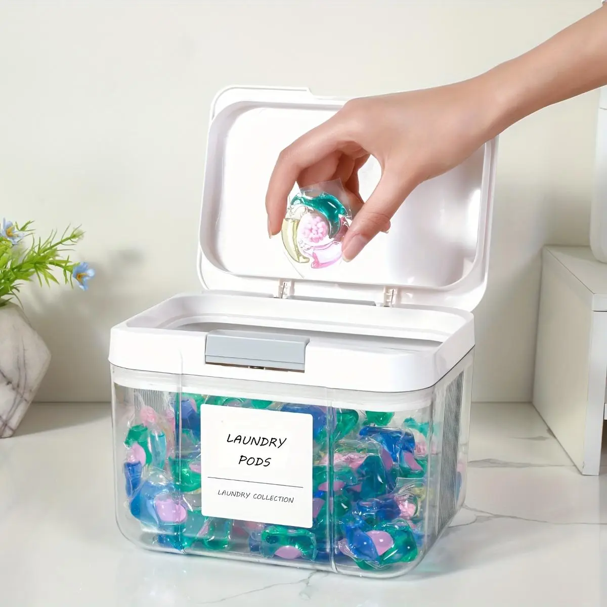 Laundry Pod Container, High Capacity Storage, Large Capacity Laundry Pods Storage Box with Lid, Sealed and Automatic Pop-up Laundry Container for Home Dormitory Laundry Room, Leak Proof Organizer, Plastic Storage Boxes, Containers with Lids