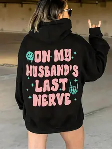 Women’s Vintage Hooded Sweatshirt with Letter Smiley Face Print, Casual Loose Fit Fall & Winter Apparel, Stylish Knit Jacket for Daily Wear