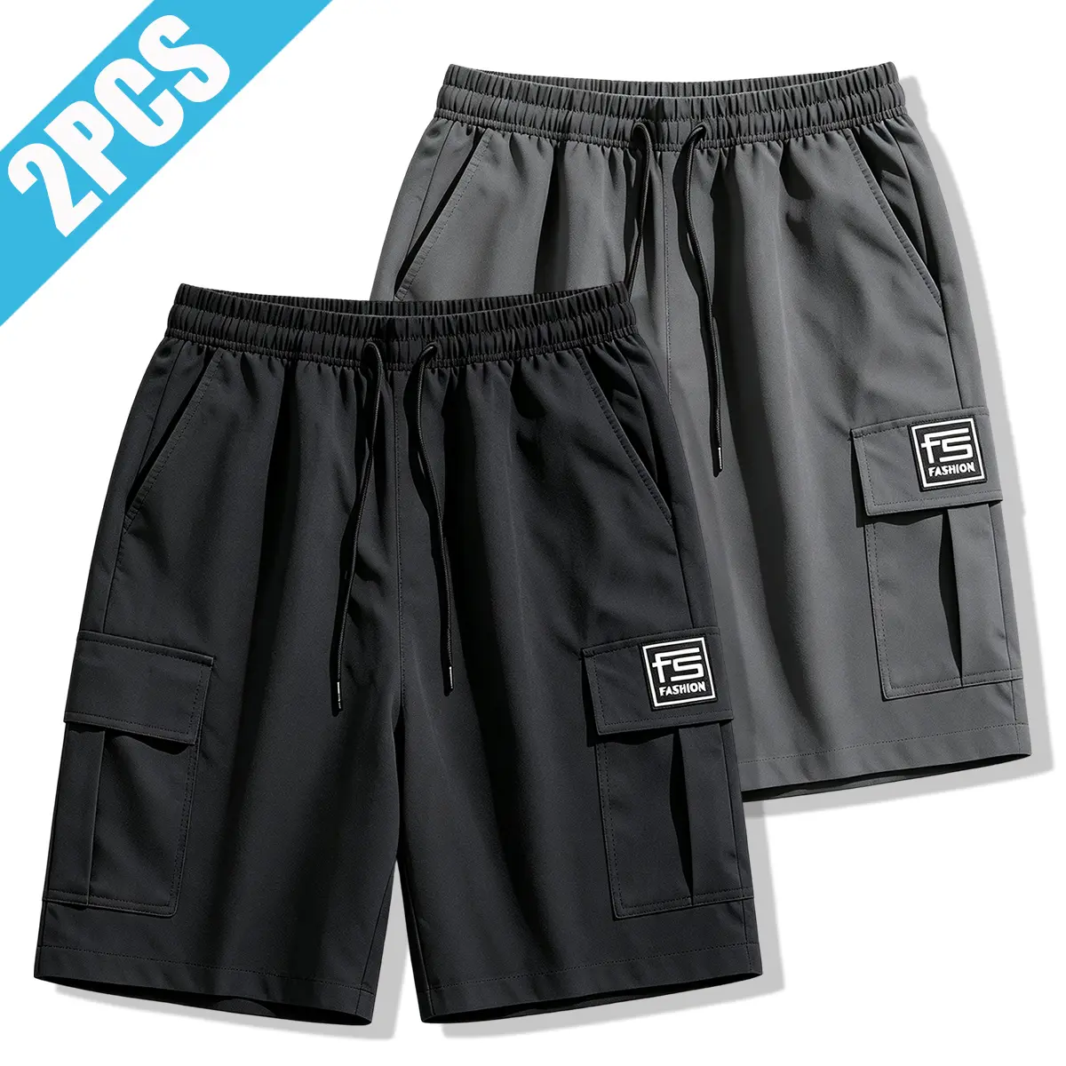 2-pack men’s summer casual cargo shorts — elastic drawstring waist design, multiple pockets, regular fit, suitable for everyday wear, leisure sports, and outdoor activities; summer shorts, men’s shorts, summer menswear